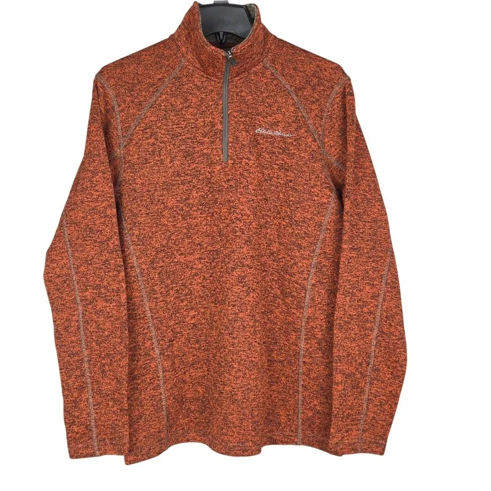 Eddie Bauer 1/4 Zip Sweater Mens Medium Orange Black Pullover Long Sleeve Casual